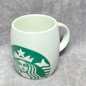 2010 Starbucks White Barrel Coffee Mug Cup Green Siren Mermaid Logo 14oz